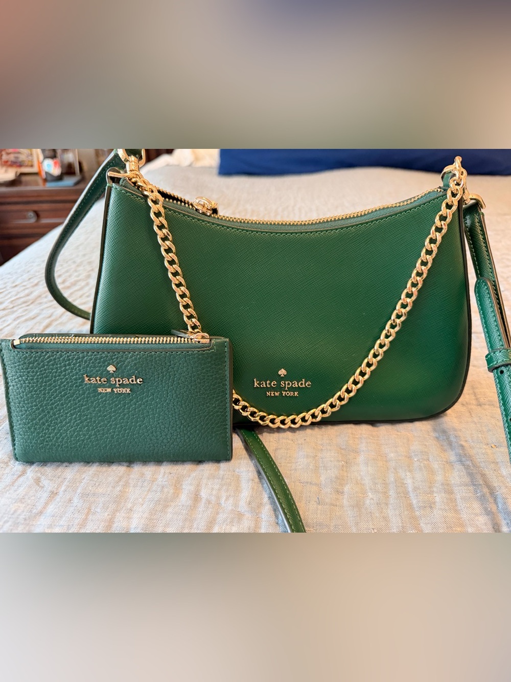 kate spade Green Leather Crossbody with Gold Chain and Matching Wallet